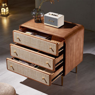 Contemporary Scandinavian Large Capacity Rectangular Ash Wood Solid Wood Multi-Layer Board Rattan Weaving Storage Cabinet 3-Drawer For Bedroom