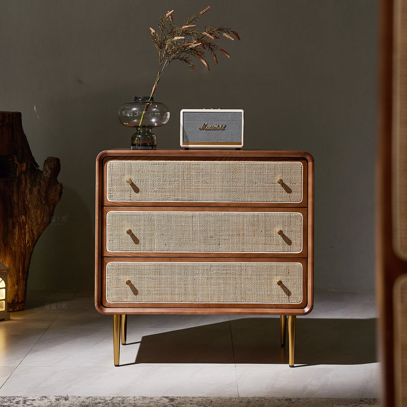 Contemporary Scandinavian Large Capacity Rectangular Ash Wood Solid Wood Multi-Layer Board Rattan Weaving Storage Cabinet 3-Drawer For Bedroom