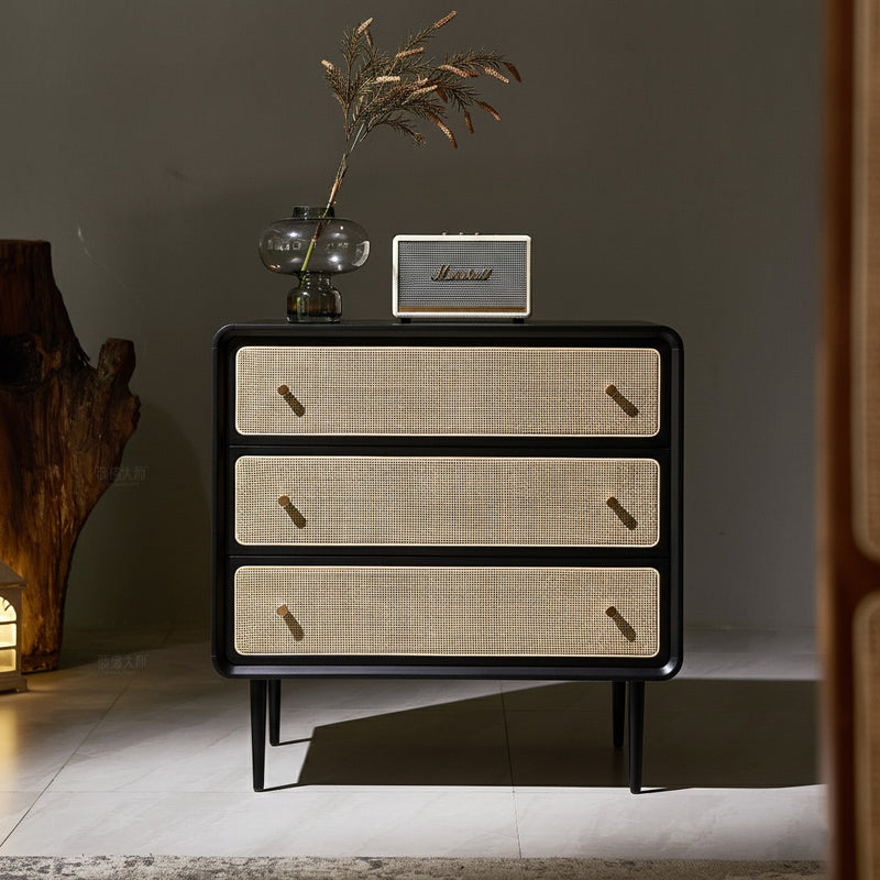 Contemporary Scandinavian Large Capacity Rectangular Ash Wood Solid Wood Multi-Layer Board Rattan Weaving Storage Cabinet 3-Drawer For Bedroom