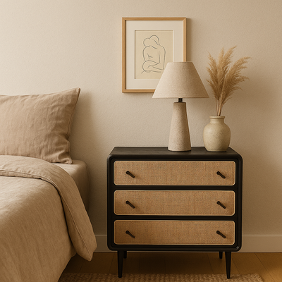 Contemporary Scandinavian Large Capacity Rectangular Ash Wood Solid Wood Multi-Layer Board Rattan Weaving Storage Cabinet 3-Drawer For Bedroom