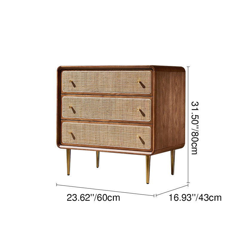 現代スカンジナビアの大容量長方形アッシュウッド無垢材多層ボード籐編み収納キャビネット3引き出し用ベッドルーム 