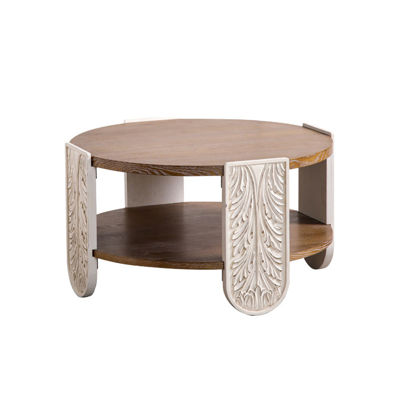 Table basse ronde traditionnelle européenne en bois de pin sculpté à 2 niveaux pour salon 