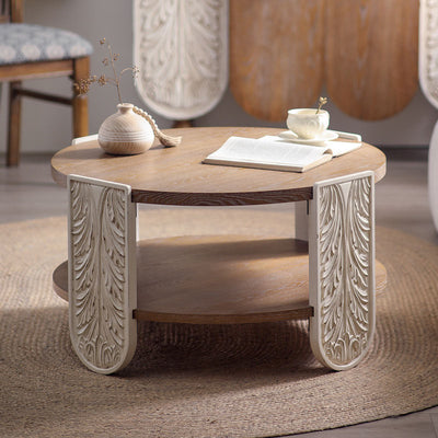 Traditional European Carved Round Pine Wood Coffee Table 2-Tier For Living Room
