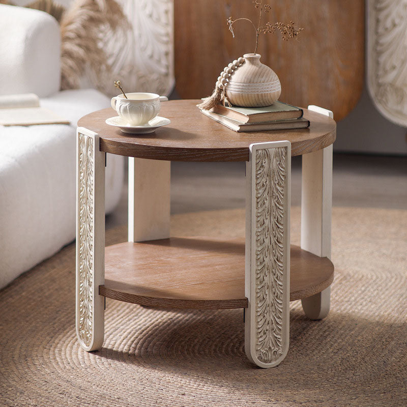 Traditional European Carved Round Pine Wood Coffee Table 2-Tier For Living Room