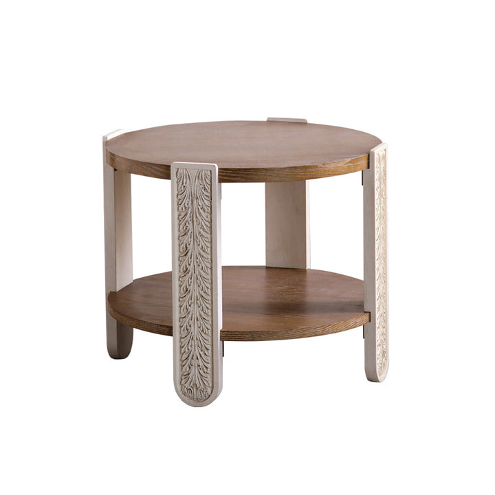 Table basse ronde traditionnelle européenne en bois de pin sculpté à 2 niveaux pour salon 