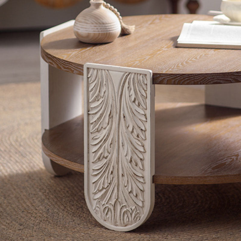 Table basse ronde traditionnelle européenne en bois de pin sculpté à 2 niveaux pour salon 