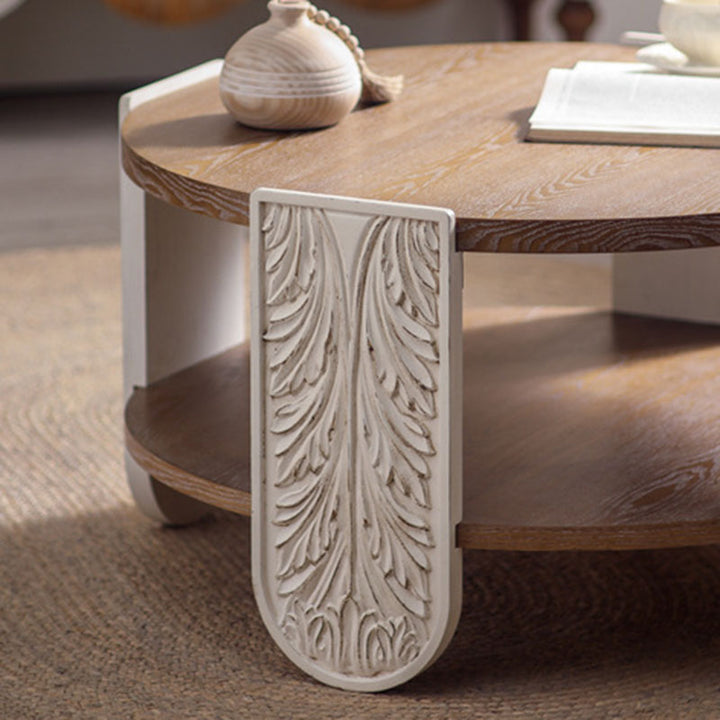 Table basse ronde traditionnelle européenne en bois de pin sculpté à 2 niveaux pour salon 