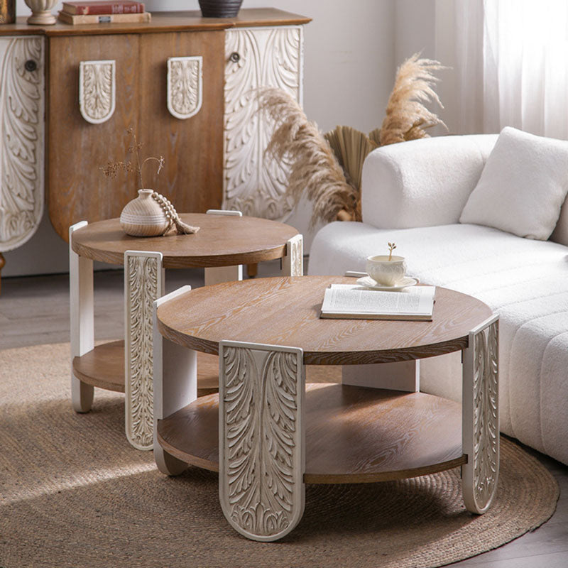 Traditional European Carved Round Pine Wood Coffee Table 2-Tier For Living Room