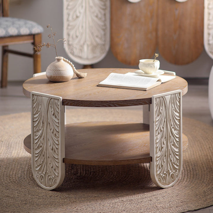 Table basse ronde traditionnelle européenne en bois de pin sculpté à 2 niveaux pour salon 