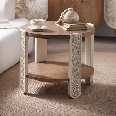 Traditional European Carved Round Pine Wood Coffee Table 2-Tier For Living Room