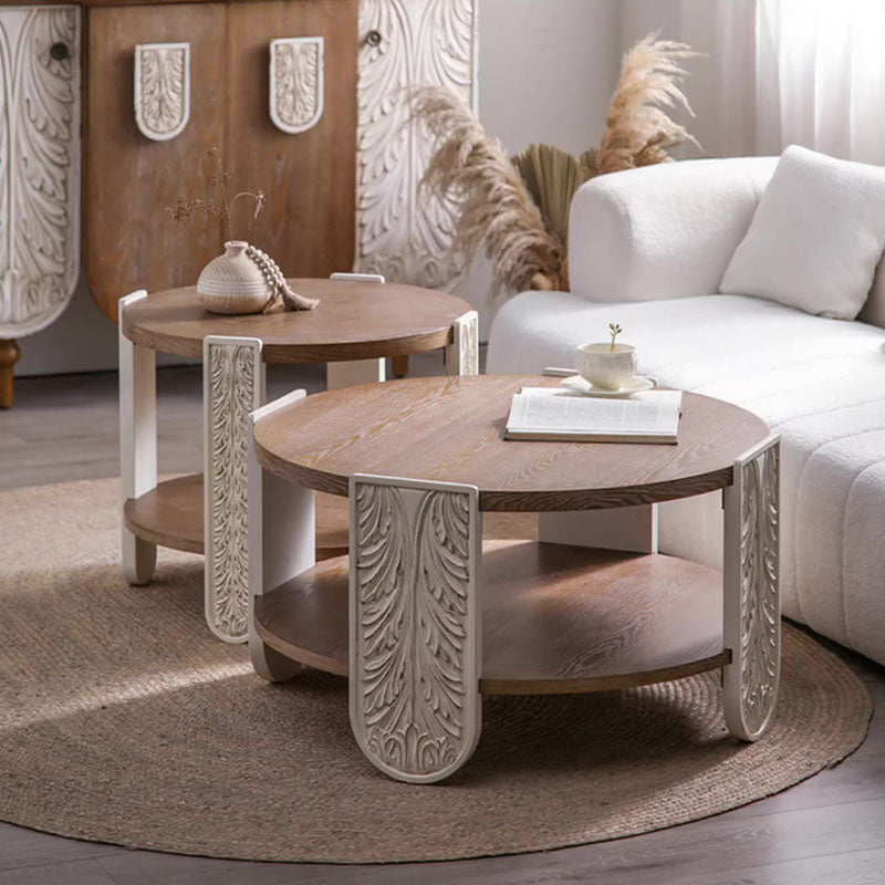 Table basse ronde traditionnelle européenne en bois de pin sculpté à 2 niveaux pour salon 