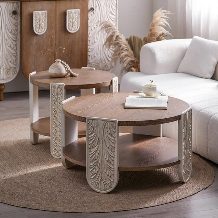Table basse ronde traditionnelle européenne en bois de pin sculpté à 2 niveaux pour salon 