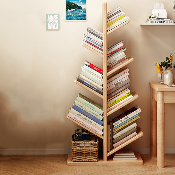 Moderner kreativer freistehender Bücherregal-Weihnachtsbaum aus Kautschukholz mit großer Kapazität, 8 Regalböden, für das Arbeitszimmer 
