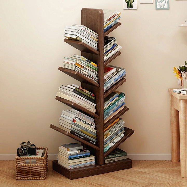 Moderner kreativer freistehender Bücherregal-Weihnachtsbaum aus Kautschukholz mit großer Kapazität, 8 Regalböden, für das Arbeitszimmer 