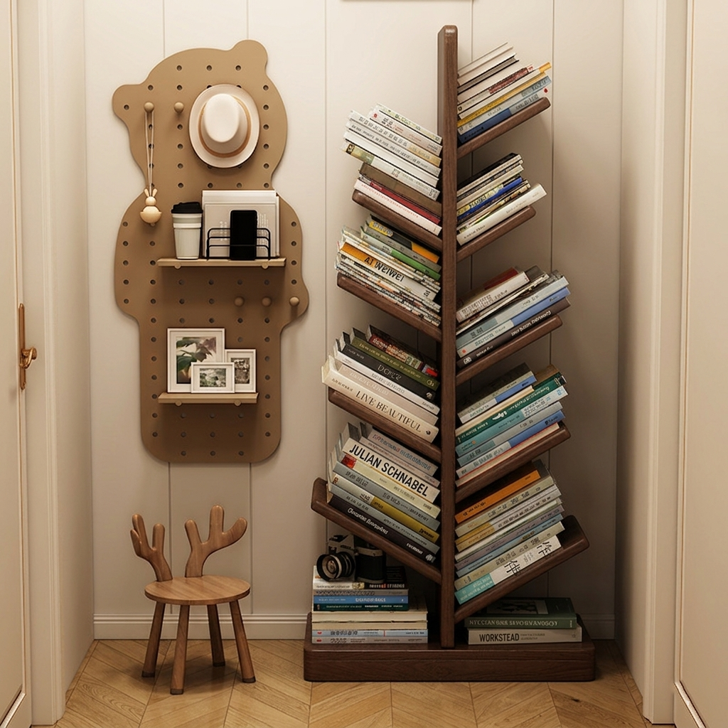 Moderner kreativer freistehender Bücherregal-Weihnachtsbaum aus Kautschukholz mit großer Kapazität, 8 Regalböden, für das Arbeitszimmer 