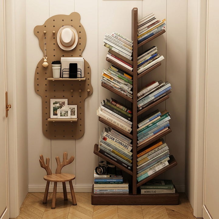 Moderner kreativer freistehender Bücherregal-Weihnachtsbaum aus Kautschukholz mit großer Kapazität, 8 Regalböden, für das Arbeitszimmer 