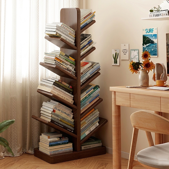 Moderner kreativer freistehender Bücherregal-Weihnachtsbaum aus Kautschukholz mit großer Kapazität, 8 Regalböden, für das Arbeitszimmer 