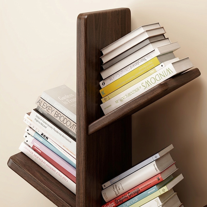 Moderner kreativer freistehender Bücherregal-Weihnachtsbaum aus Kautschukholz mit großer Kapazität, 8 Regalböden, für das Arbeitszimmer 