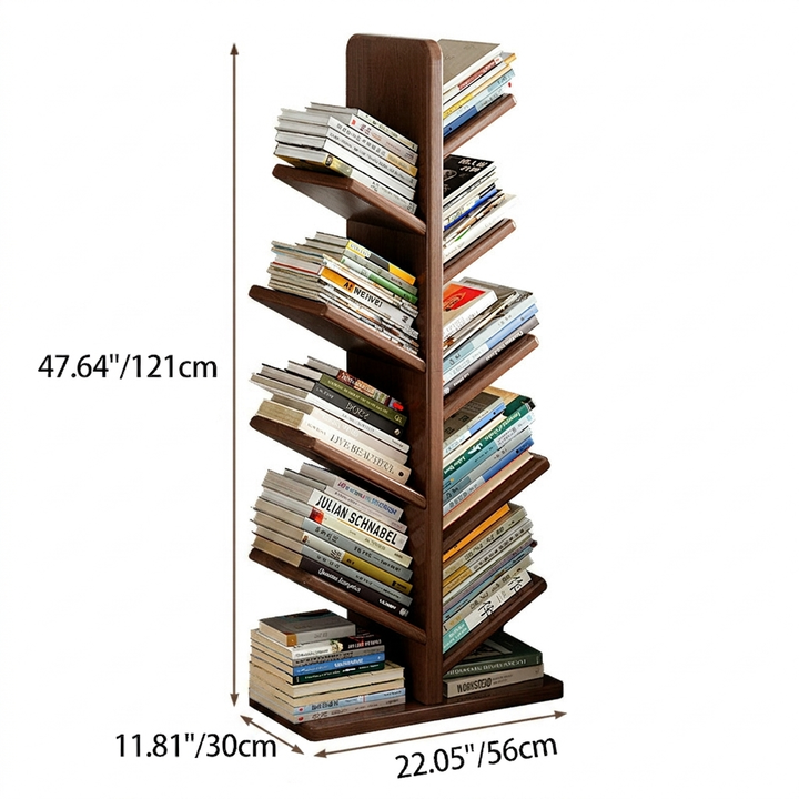 Moderner kreativer freistehender Bücherregal-Weihnachtsbaum aus Kautschukholz mit großer Kapazität, 8 Regalböden, für das Arbeitszimmer 