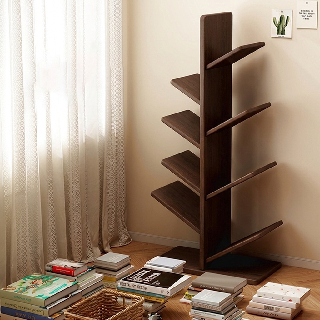 Moderner kreativer freistehender Bücherregal-Weihnachtsbaum aus Kautschukholz mit großer Kapazität, 8 Regalböden, für das Arbeitszimmer 