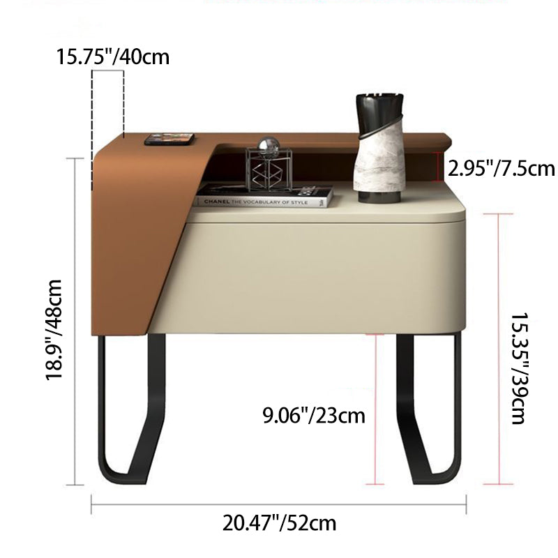 Table de chevet contemporaine nordique rectangulaire en acier au carbone et bois de pin, 1 tiroir, pour chambre à coucher 