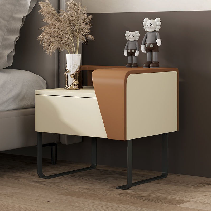 Table de chevet contemporaine nordique rectangulaire en acier au carbone et bois de pin, 1 tiroir, pour chambre à coucher 