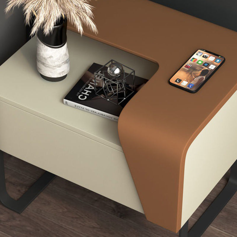 Table de chevet contemporaine nordique rectangulaire en acier au carbone et bois de pin, 1 tiroir, pour chambre à coucher 