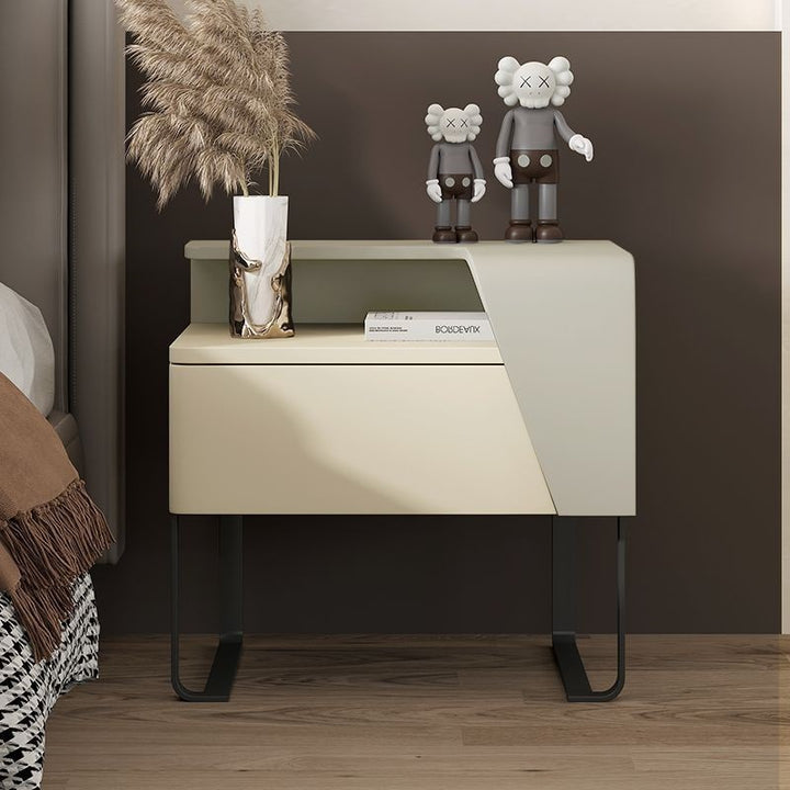 Table de chevet contemporaine nordique rectangulaire en acier au carbone et bois de pin, 1 tiroir, pour chambre à coucher 
