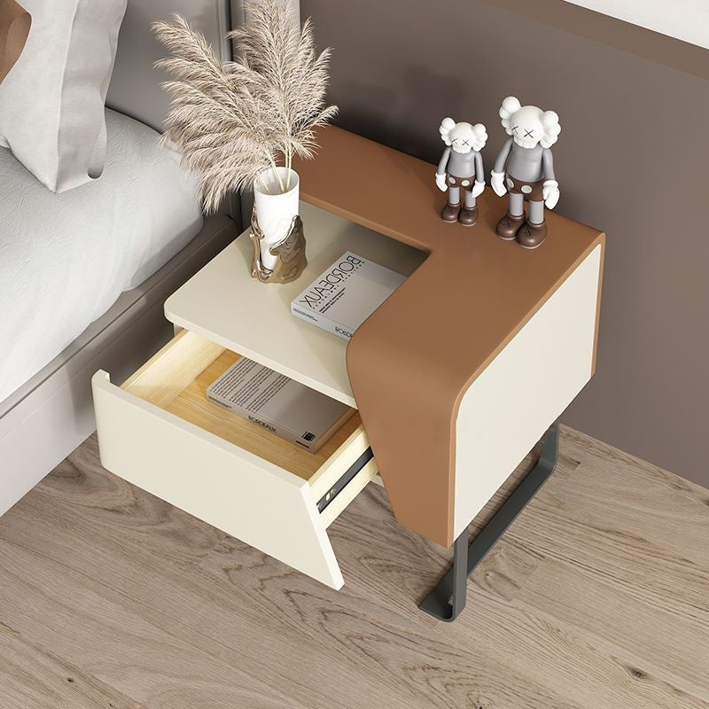 Table de chevet contemporaine nordique rectangulaire en acier au carbone et bois de pin, 1 tiroir, pour chambre à coucher 