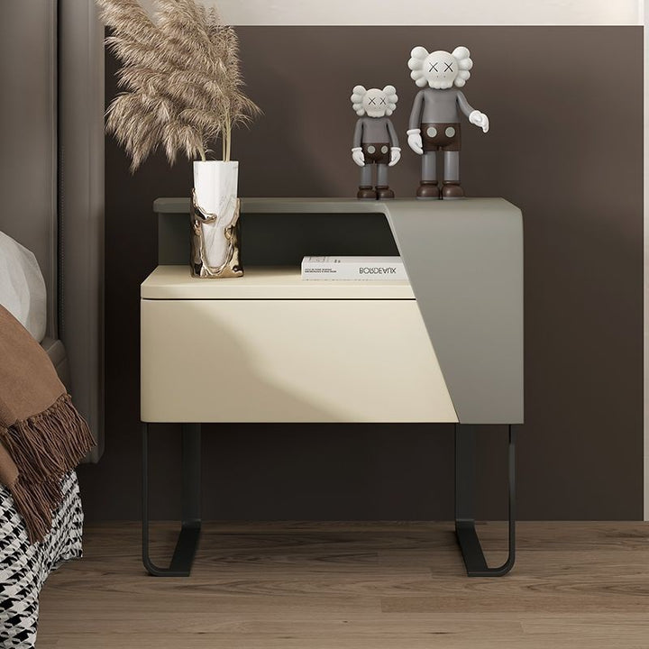 Table de chevet contemporaine nordique rectangulaire en acier au carbone et bois de pin, 1 tiroir, pour chambre à coucher 