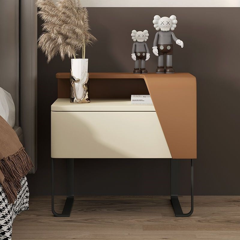 Table de chevet contemporaine nordique rectangulaire en acier au carbone et bois de pin, 1 tiroir, pour chambre à coucher 