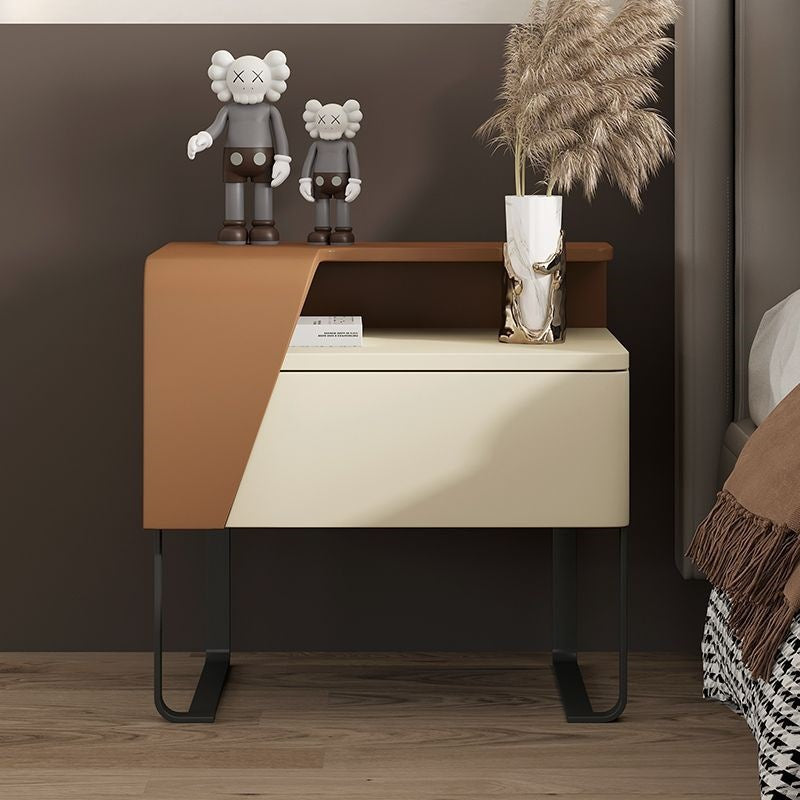 Table de chevet contemporaine nordique rectangulaire en acier au carbone et bois de pin, 1 tiroir, pour chambre à coucher 