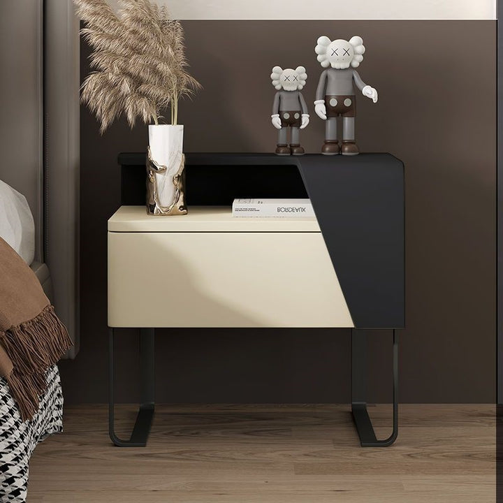 Table de chevet contemporaine nordique rectangulaire en acier au carbone et bois de pin, 1 tiroir, pour chambre à coucher 
