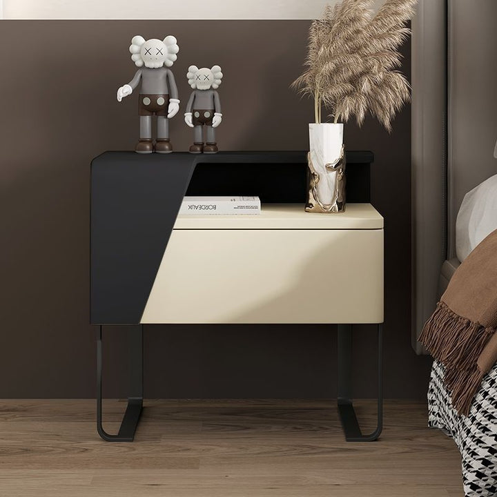 Table de chevet contemporaine nordique rectangulaire en acier au carbone et bois de pin, 1 tiroir, pour chambre à coucher 