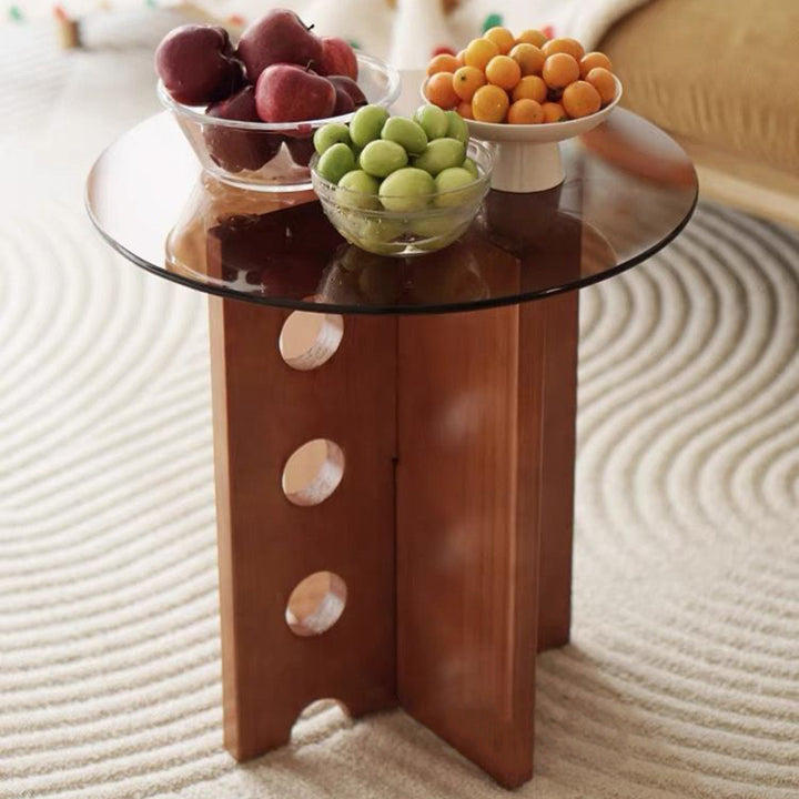 Mesa de centro redonda vintage tradicional de madera maciza y vidrio de 1 nivel para sala de estar 