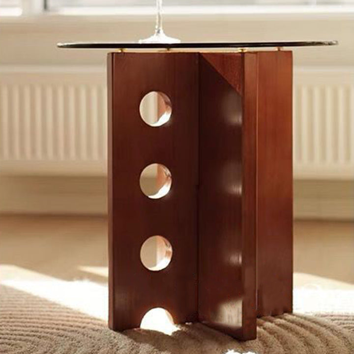 Mesa de centro redonda vintage tradicional de madera maciza y vidrio de 1 nivel para sala de estar 