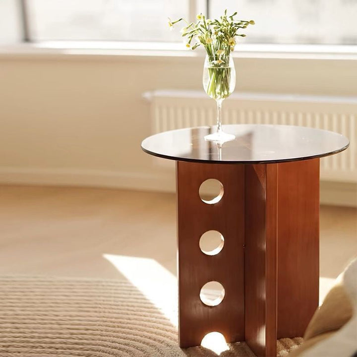 Mesa de centro redonda vintage tradicional de madera maciza y vidrio de 1 nivel para sala de estar 