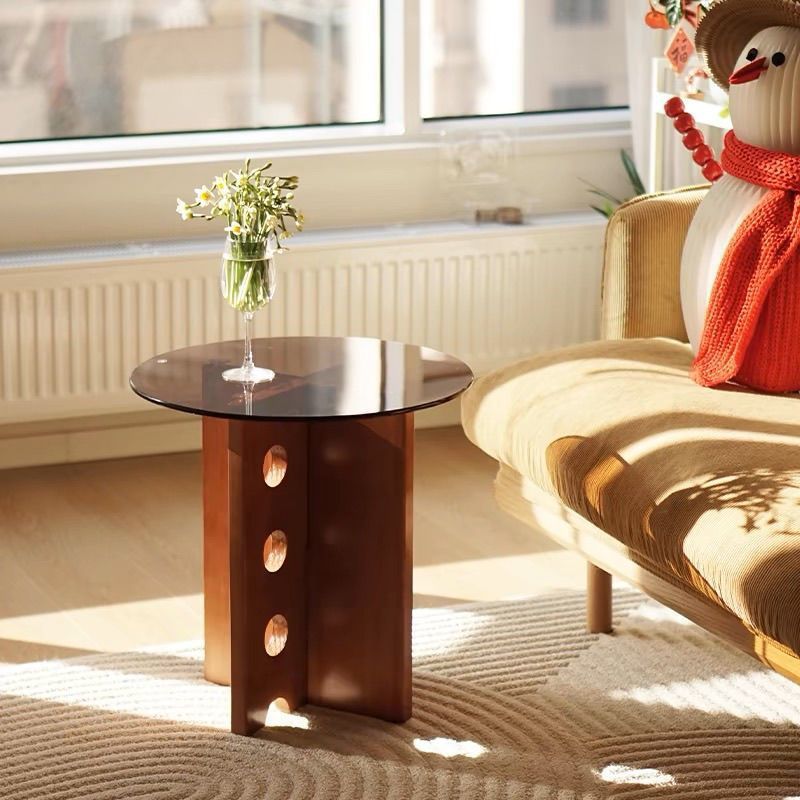 Mesa de centro redonda vintage tradicional de madera maciza y vidrio de 1 nivel para sala de estar 