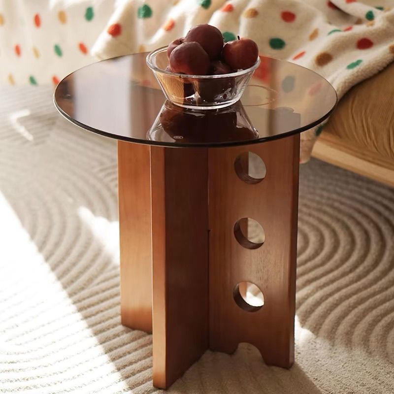 Traditional Vintage Round Pine Wood Glass Coffee Table 1-Tier For Living Room