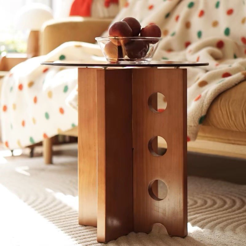 Mesa de centro redonda vintage tradicional de madera maciza y vidrio de 1 nivel para sala de estar 
