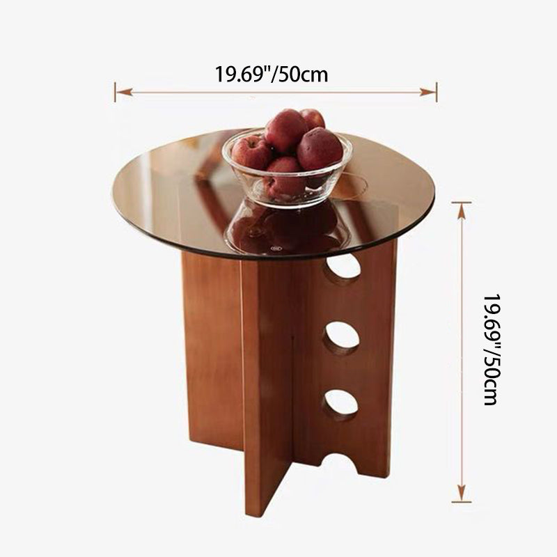 Traditional Vintage Round Pine Wood Glass Coffee Table 1-Tier For Living Room