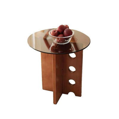 Traditional Vintage Round Pine Wood Glass Coffee Table 1-Tier For Living Room