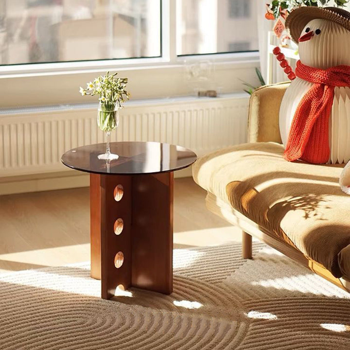 Mesa de centro redonda vintage tradicional de madera maciza y vidrio de 1 nivel para sala de estar 