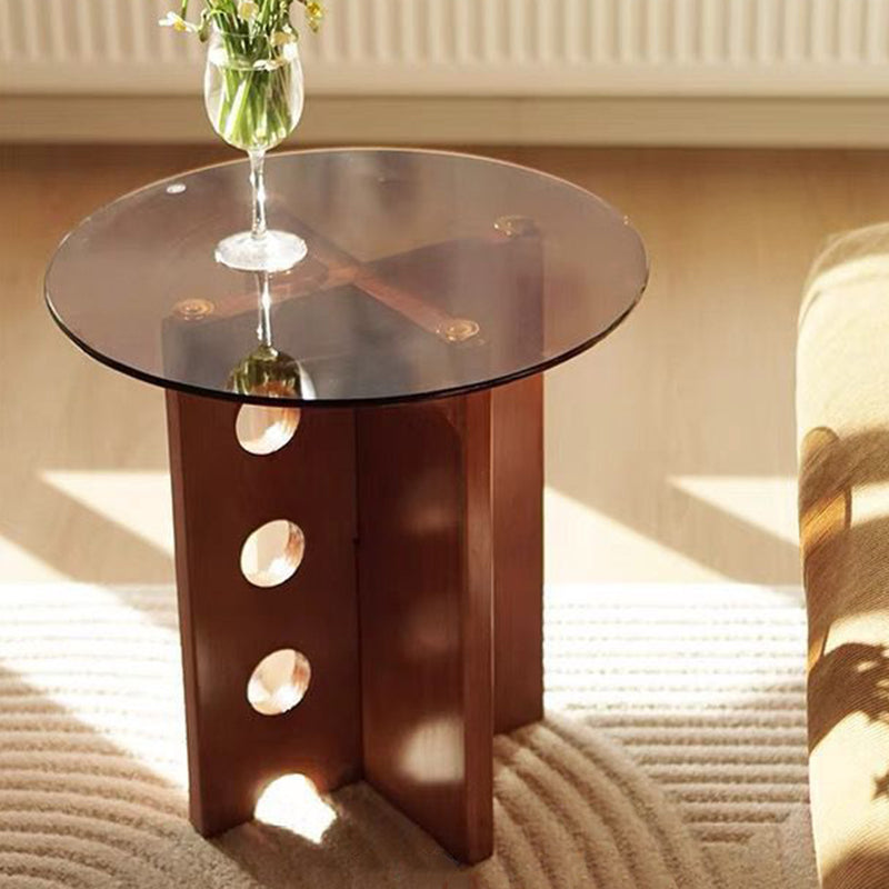 Mesa de centro redonda vintage tradicional de madera maciza y vidrio de 1 nivel para sala de estar 