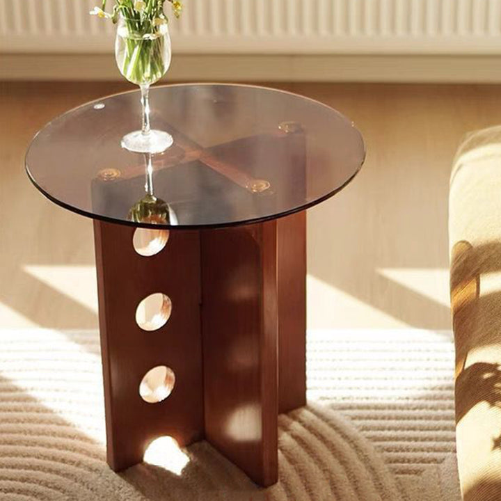 Mesa de centro redonda vintage tradicional de madera maciza y vidrio de 1 nivel para sala de estar 