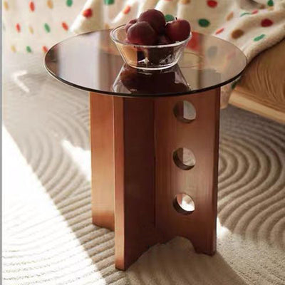 Traditional Vintage Round Pine Wood Glass Coffee Table 1-Tier For Living Room