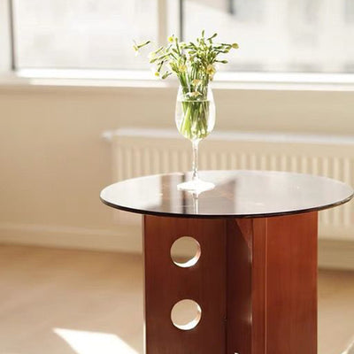 Traditional Vintage Round Pine Wood Glass Coffee Table 1-Tier For Living Room