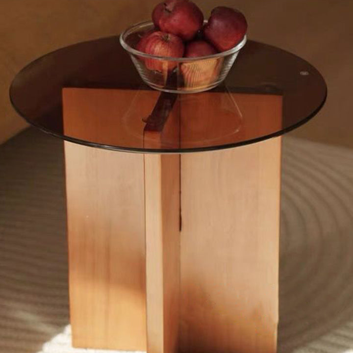 Mesa de centro redonda vintage tradicional de madera maciza y vidrio de 1 nivel para sala de estar 