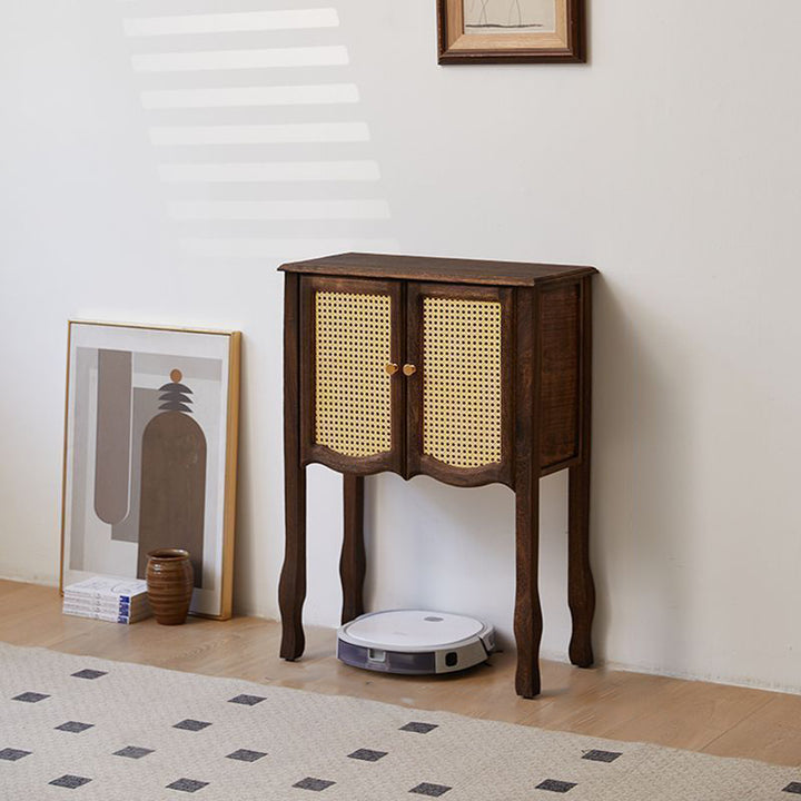 Armoire de rangement vintage traditionnelle rectangulaire en bois massif carbonisé avec tressage en rotin, 2/3 portes, pour salon 