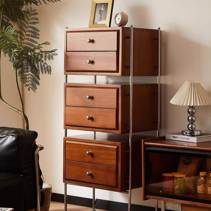 Armoire de rangement contemporaine rétro rectangulaire en acier inoxydable, hévéa, pin et bois de cerisier à 6 tiroirs pour salon 